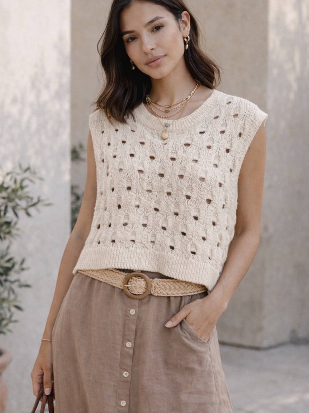 ZARA Cream Open Knit Sweater Vest Boho Crochet Pointelle Sleeveless Top S/M - Picture 4 of 5